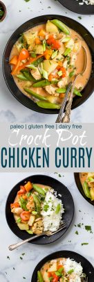 Crock Pot Chicken Curry with coconut milk has never been easier! This simple chicken recipe is the perfect sweet spicy weeknight meal, plus it's loaded with veggies! #glutenfree #dairyfree