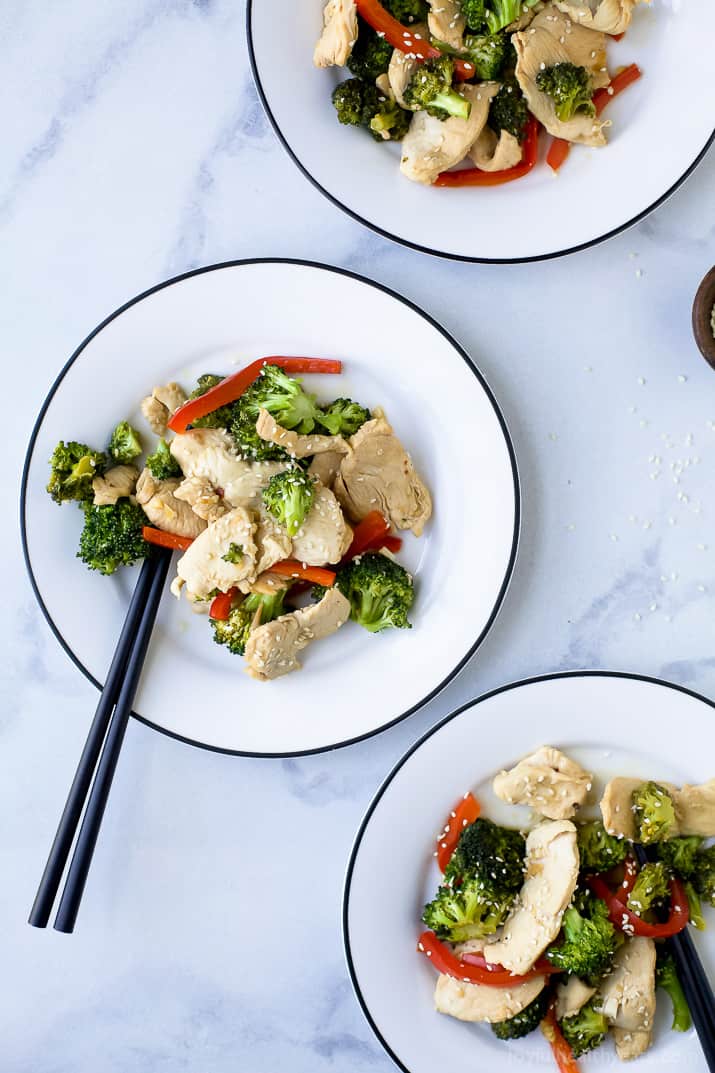 Top view of 3 plates of Chicken and Broccoli Stir Fry