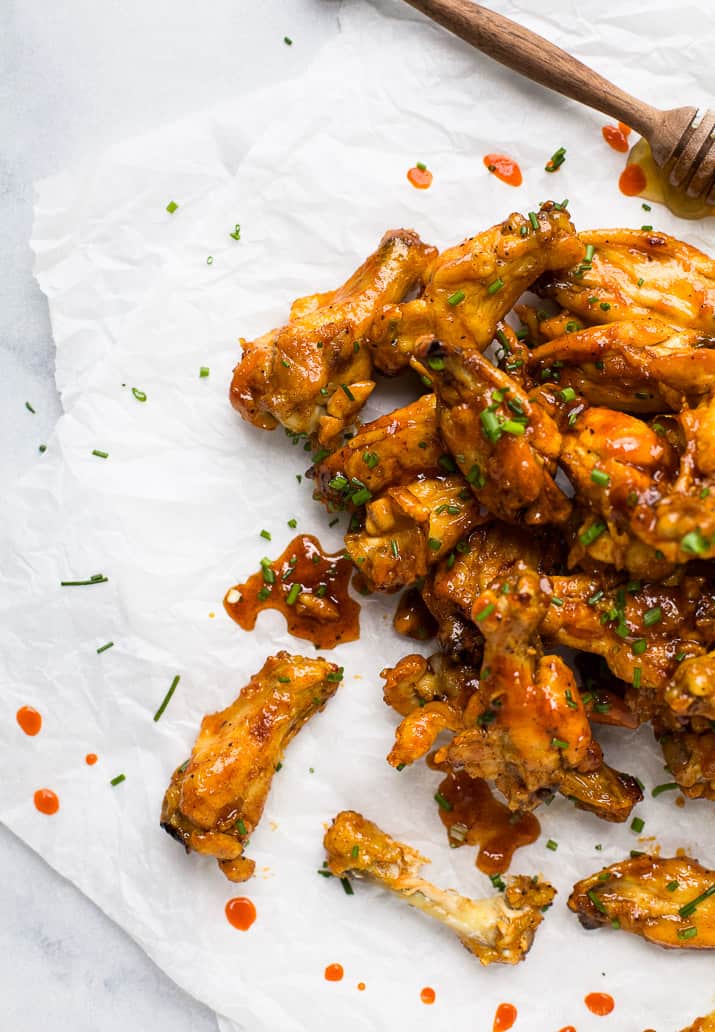 overhead photos of honey sriracha baked chicken wings