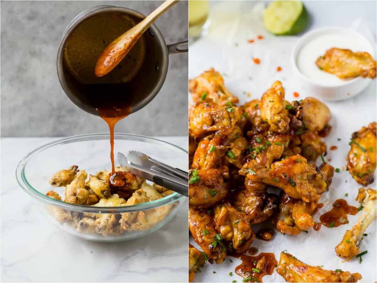 process photos of how to make honey sriracha baked chicken wings