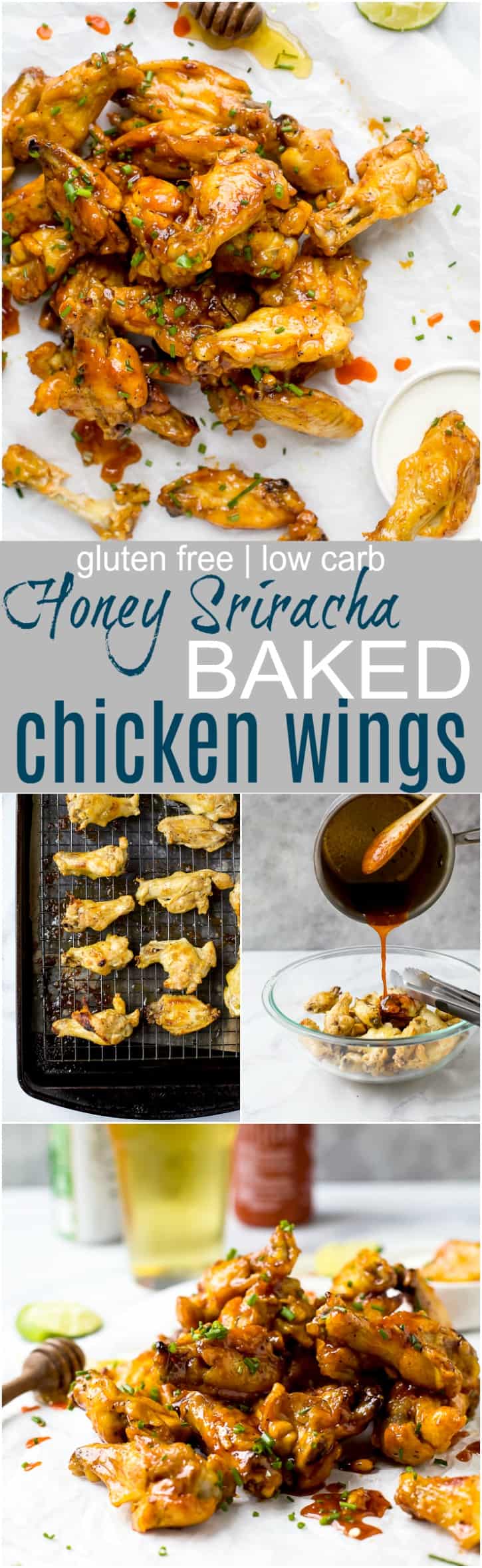 Low Carb Honey Sriracha Baked Chicken Wings, crispy delicious wings baked in the oven then covered with a sweet 'n spicy honey sriracha sauce. These Chicken Wings make the perfect game day appetizer!