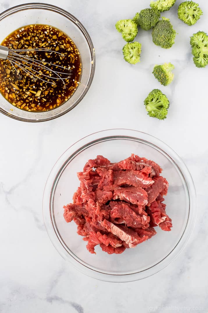 Top view of ingredients for Instant Pot Mongolian Beef in bowls