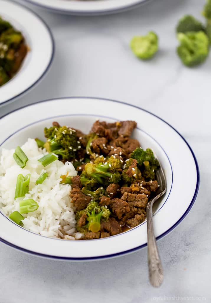 Mongolian Beef with broccoli and white rice in a bowl