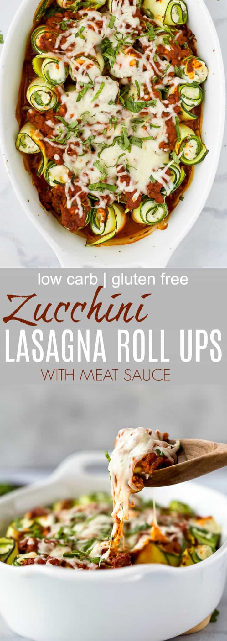 Low Carb Zucchini Lasagna Roll Ups with a homemade Meat Sauce - the perfect healthy comfort food! A ricotta filling wrapped up with zucchini noodles then topped with sauce and more cheese for one delicious bite!