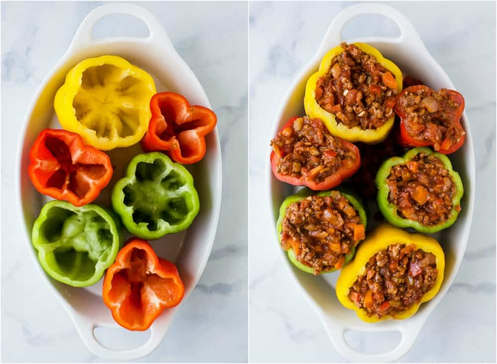 Gluten Free Turkey Bolognese Stuffed Peppers a simple dinner recipe filled with rich flavor your family will love. These Stuffed Peppers make the perfect comforting weeknight meal!