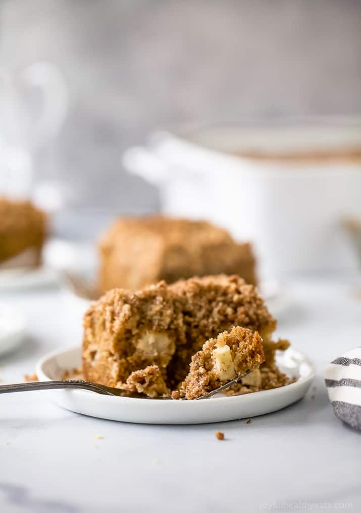 Close-up of a slice of fluffy cinnamon-apple cake on a serving plate.