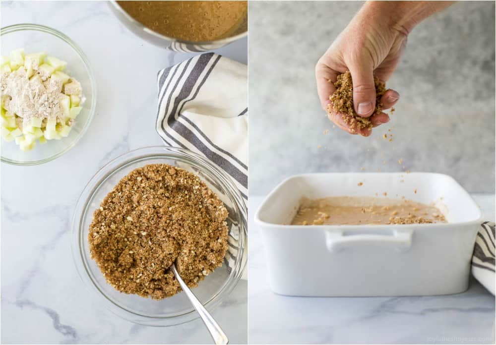 Photo collage with apples and crumbly pecan topping to the left, and sprinkling the topping over the cake batter to the right.