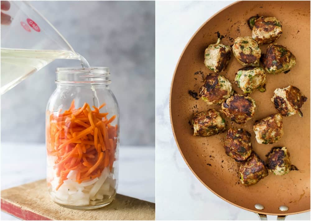 Collage of a mason jar of vegetables being pickled and a plate of turkey meatballs