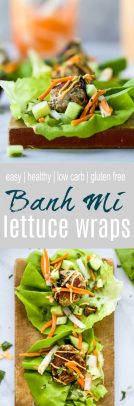 Quick Easy Banh Mi Lettuce Wraps a healthy low carb version of the famous Banh Mi Sandwich! Asian inspired turkey meatballs served on a lettuce wrap with pickled vegetables and sriracha mayo! It's dinner perfection! #glutenfree