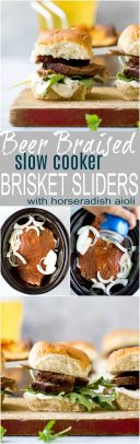 Beer Braised Slow Cooker Brisket Sliders tender moist brisket served on Hawaiian rolls then slathered with a creamy horseradish aioli. This easy flavorful appetizer is sure to be devoured as soon as it hits the table!