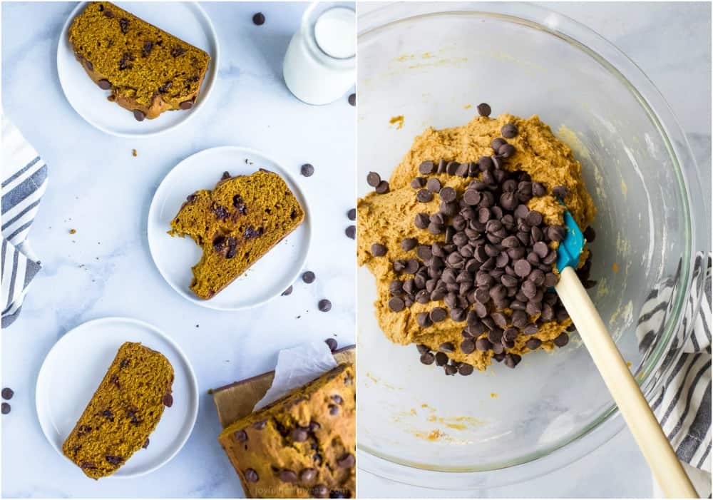 Three slices of pumpkin bread on a plate beside a bowl of batter with chocolate chips on top
