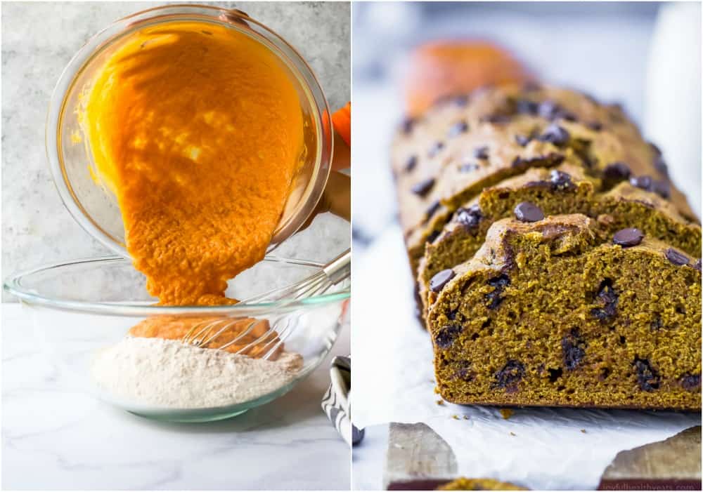 A picture of the wet and dry ingredients being combined beside a picture of the finished bread