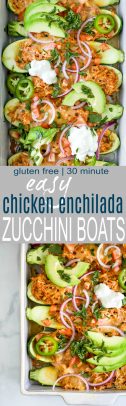 Easy Chicken Enchilada Zucchini Boats with red chili sauce and melted cheese.  A 30 minute meal that's gluten free, low carb, high protein and perfect for a weeknight dinner.