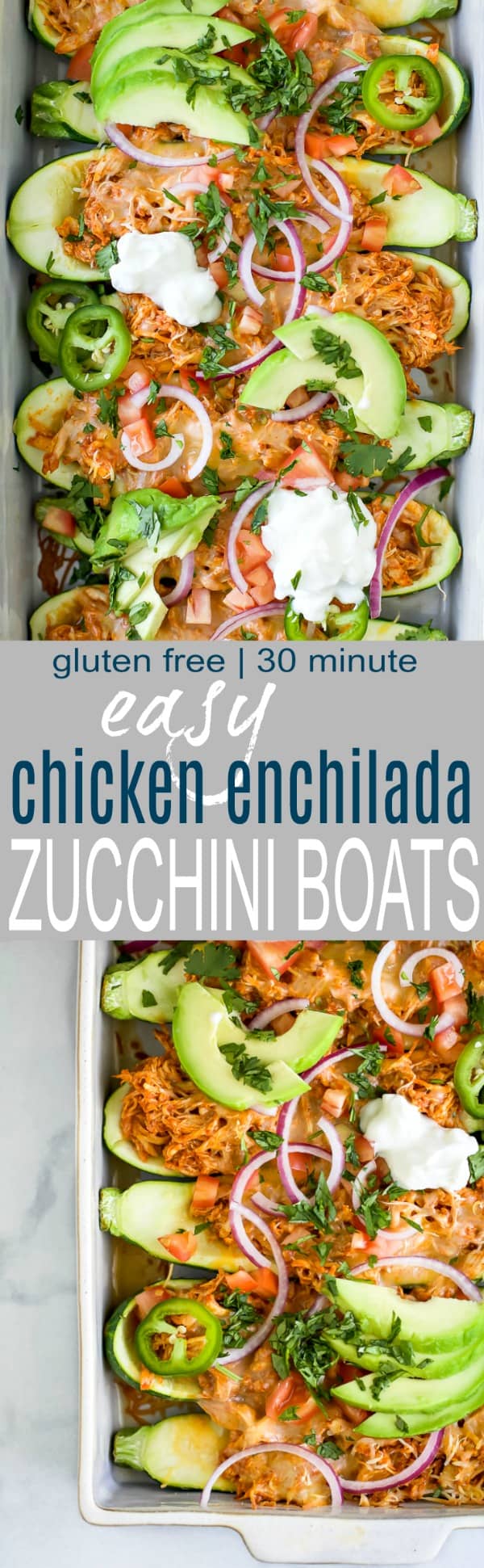 Collage for Easy Chicken Enchilada Zucchini Boats recipe