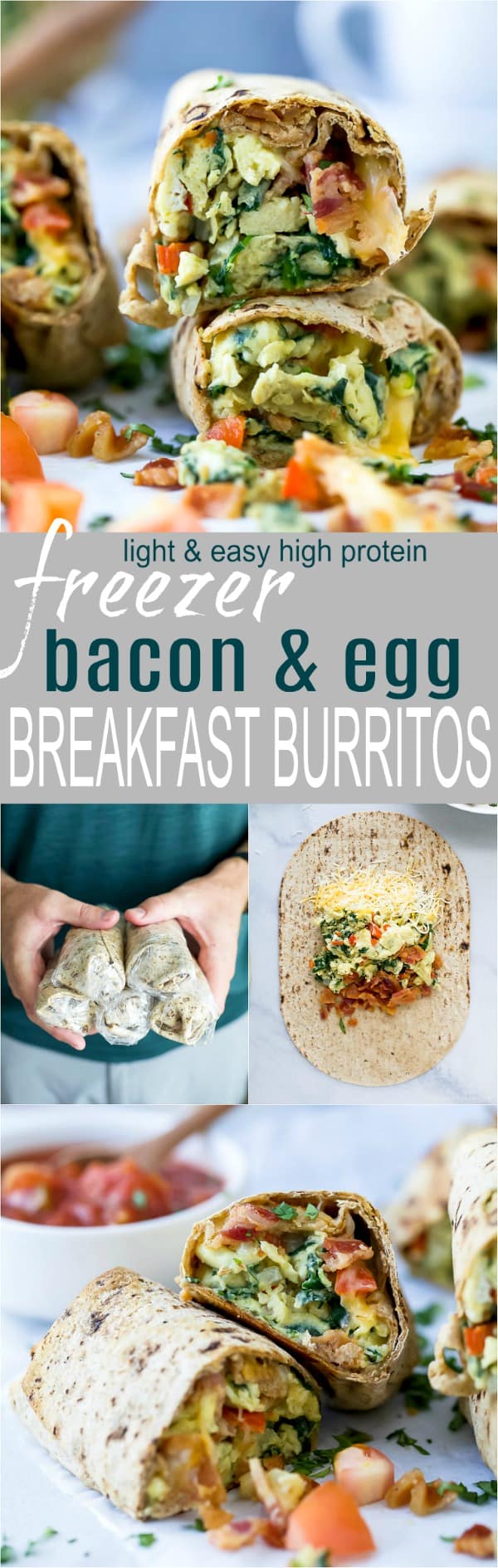 Recipe collage for Freezer Bacon & Egg Breakfast Burritos