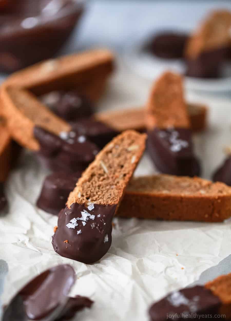 GLUTEN FREE AMARETTO BISCOTTI dipped in chocolate