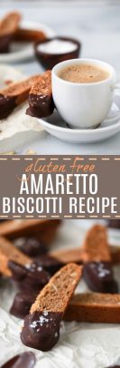 Gluten Free Amaretto Biscotti a lightly toasted sweet treat made with almond flour, amaretto liquor then dipped in dark chocolate. These crispy crunchy biscotti are perfect for dunking in a warm cup of coffee.