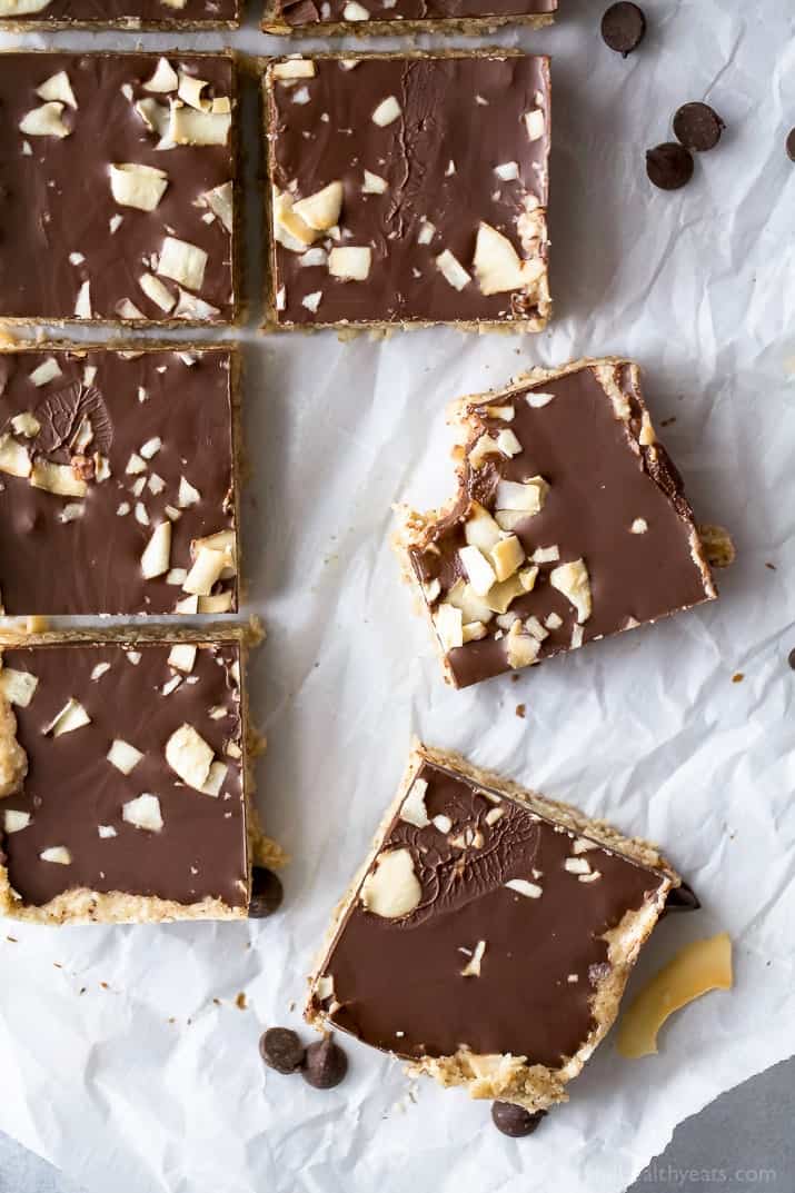 Top view of No Bake Almond Joy Bars cut into squares