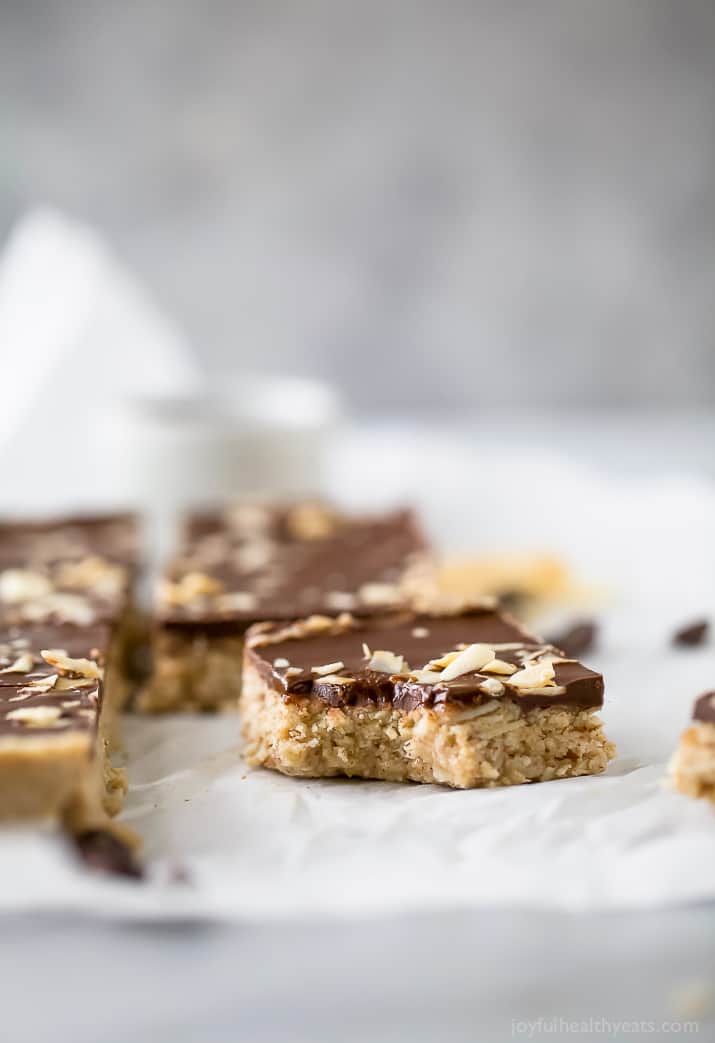 Close-up view of No Bake Almond Joy Bars cut into squares