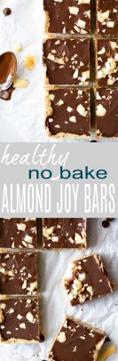 No Bake Almond Joy Bars a healthy dessert filled with coconut and almond butter then topped with chocolate for the ultimate bite. These healthy vegan bars are sure to satisfy your sweet tooth!