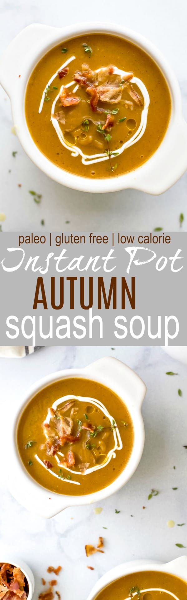 Paleo Instant Pot Autumn Squash Soup, filled with butternut squash, acorn squash, tummy warming spices and topped with bacon. An easy creamy squash soup that's guaranteed to be the star of the fall! #glutenfree