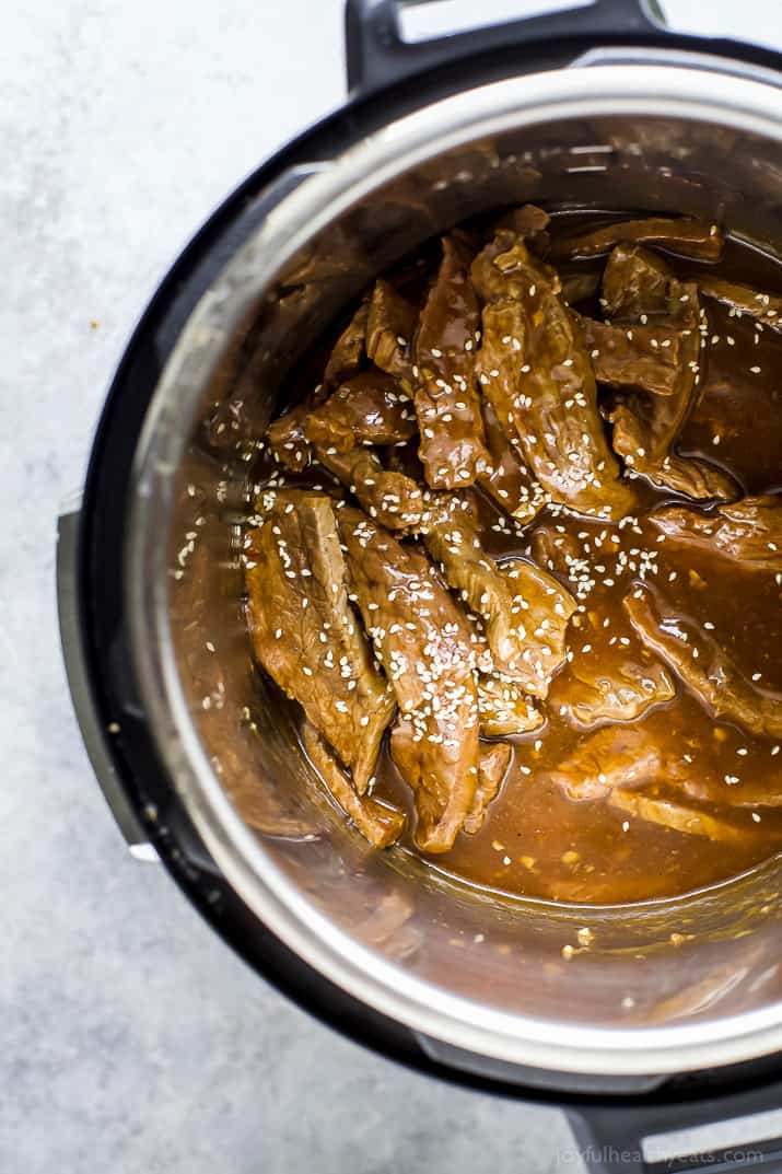 Top view of Instant Pot with Korean sliced beef
