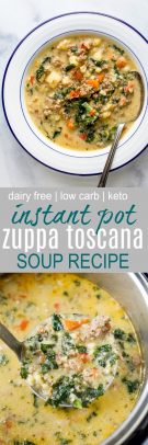 Instant Pot Zuppa Toscana Soup loaded with spicy sausage flavor, bacon, cauliflower and kale. This Zuppa Toscana recipe is low carb, dairy free, paleo and keto! It's an Olive Garden Copycat recipe that's guaranteed to be a hit!