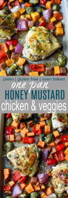 Oven Baked Honey Mustard Chicken Thighs with brussels sprouts and sweet potatoes. This Baked Chicken Thigh recipe is an easy one pan meal perfect for a quick healthy weeknight dinner. #paleo #glutenfree
