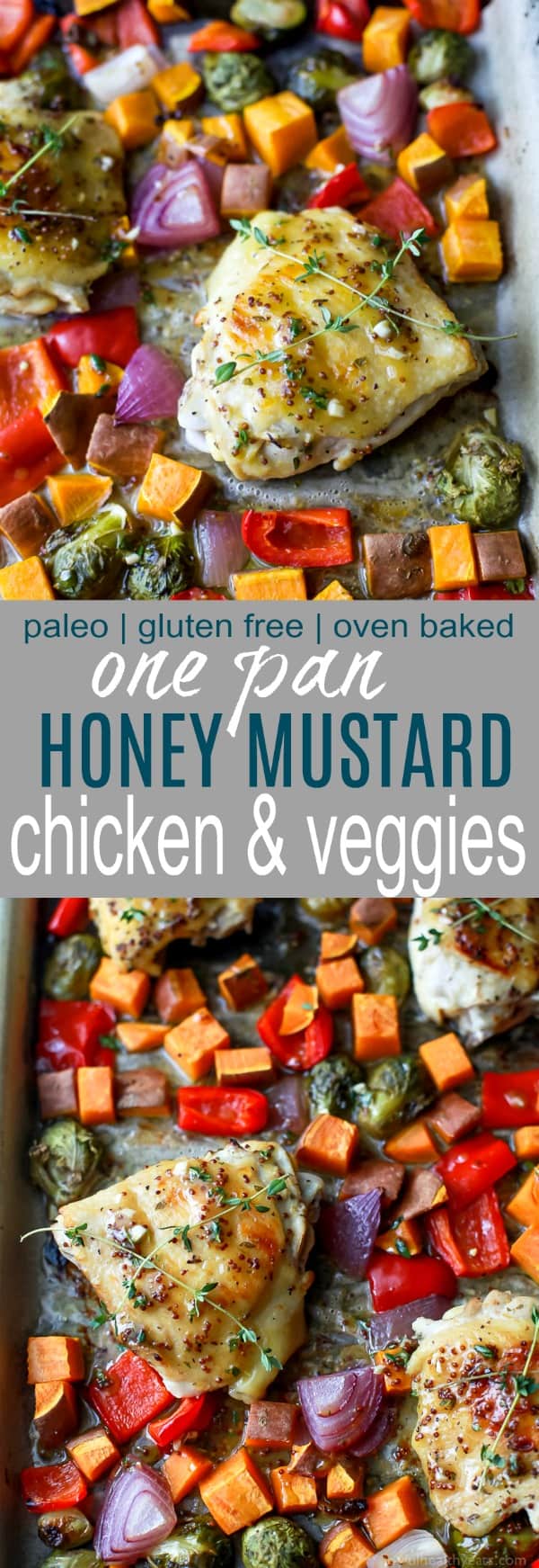Oven Baked Honey Mustard Chicken Thighs with brussels sprouts and sweet potatoes. This Baked Chicken Thigh recipe is an easy one pan meal perfect for a quick healthy weeknight dinner. #paleo #glutenfree