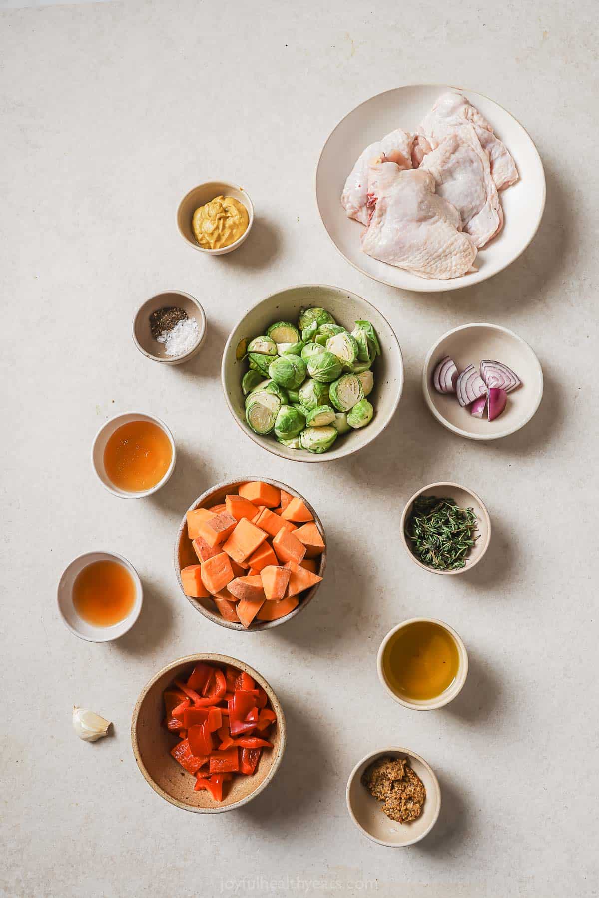 Ingredients to make sheet pan chicken thighs.