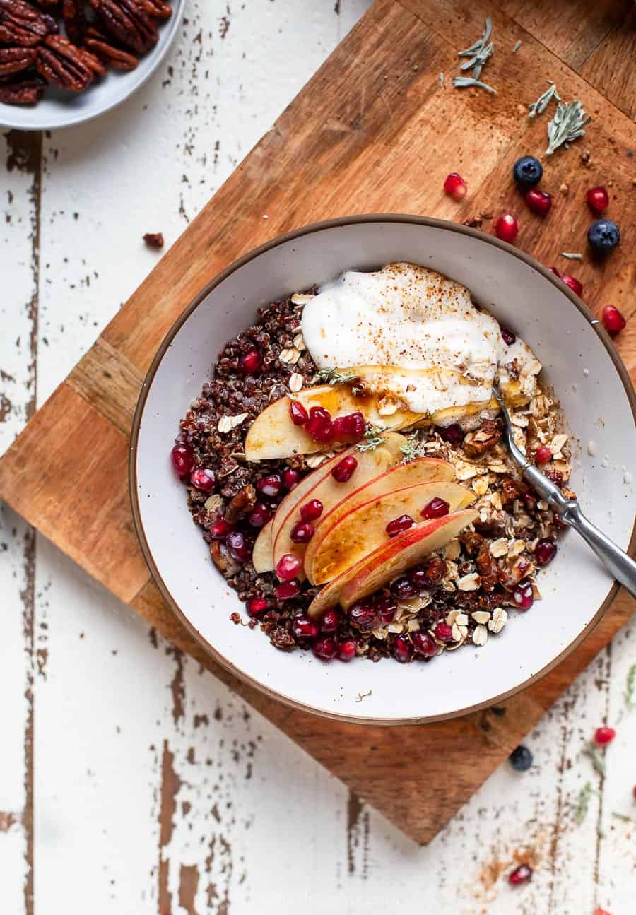 overhead photo of apple cinnamon breakfast grain bowl