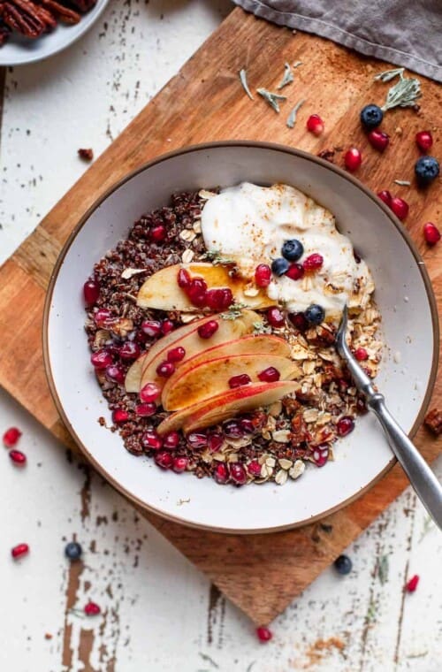 overhead photo of apple cinnamon breakfast grain bowl