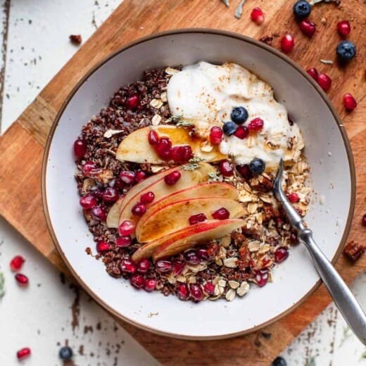 overhead photo of apple cinnamon breakfast grain bowl