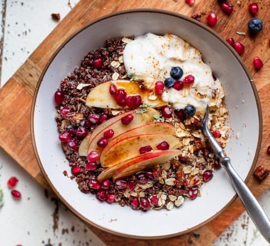 overhead photo of apple cinnamon breakfast grain bowl