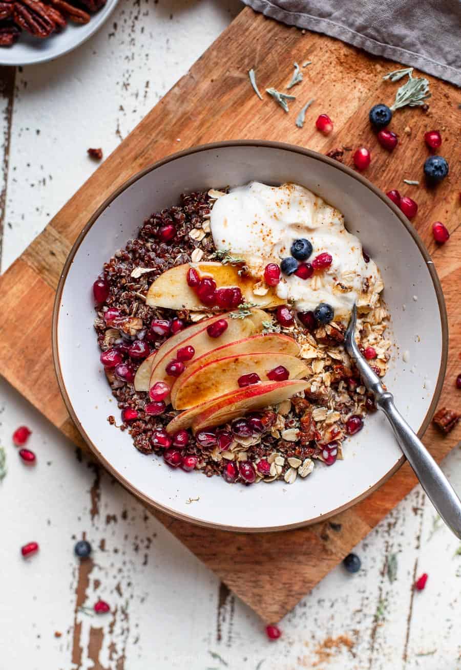 overhead photo of apple cinnamon breakfast grain bowl