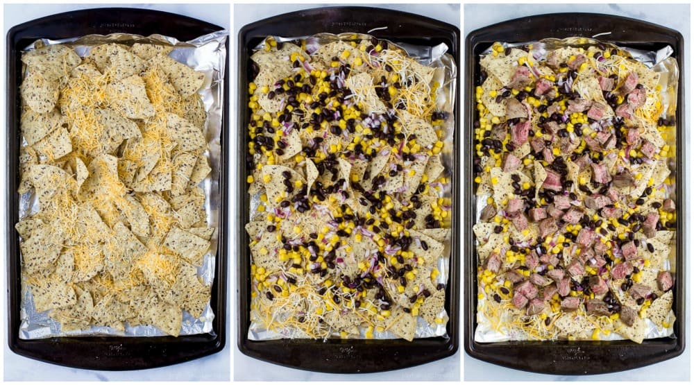 Loaded nachos being assembled on baking sheets.