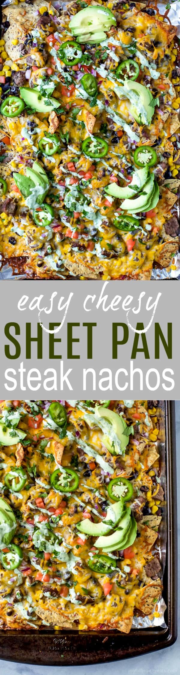 Loaded steak nachos on a sheet pan.