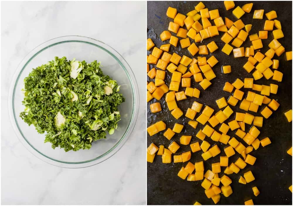 raw kale and brussels sprouts with roasted butternut squash