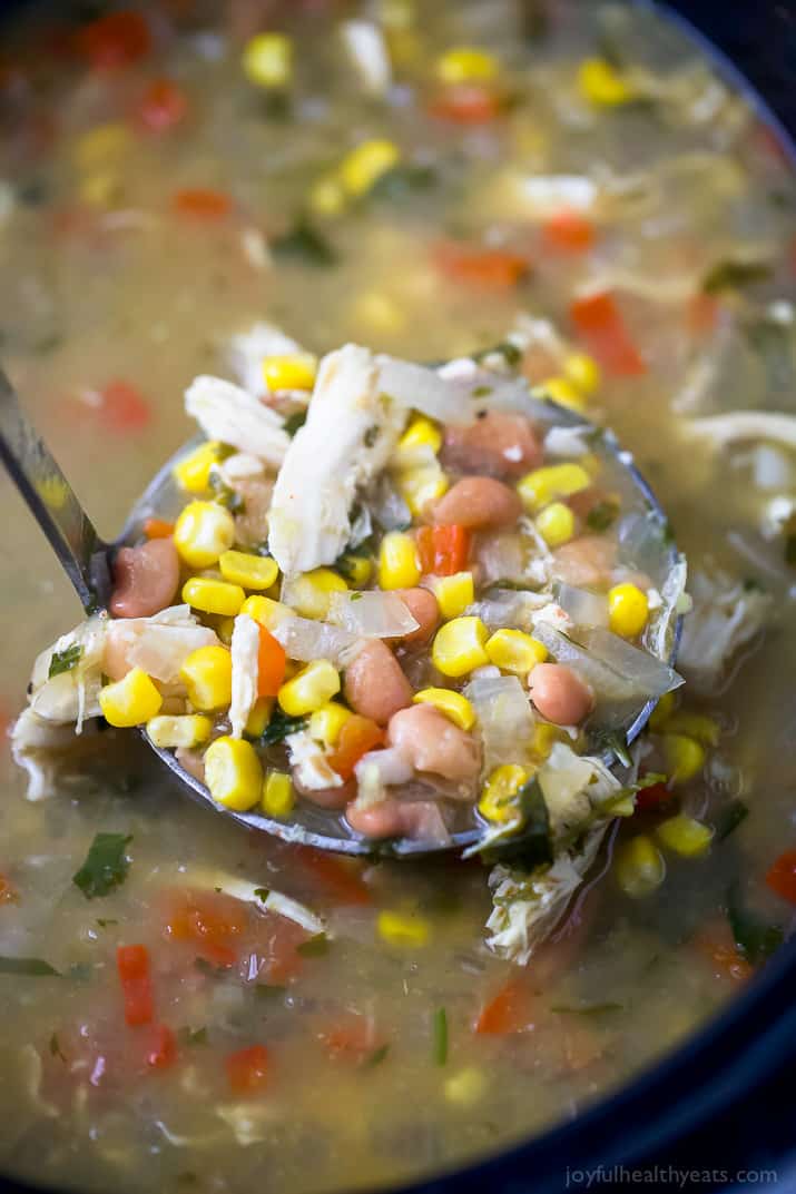 This healthy white chicken chili recipe is filled with juicy chicken, hearty pinto beans, tender corn, and more. Perfect for chilly days! A ladle full of healthy white chicken chili from a crockpot.