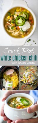 Healthy Crock Pot White Chicken Chili with a Salsa Verde twist! This easy comforting soup is filled with flavor, less than 220 calories a serving and guaranteed to be a favorite! #glutenfree