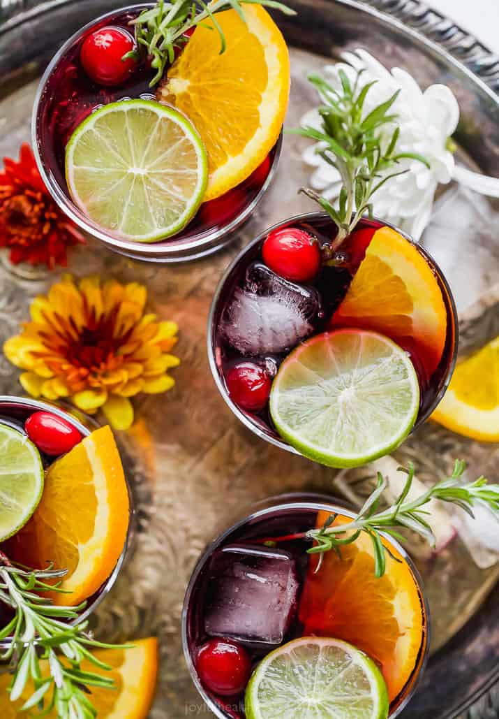 Top view of glasses of holiday cranberry sangria on a tray