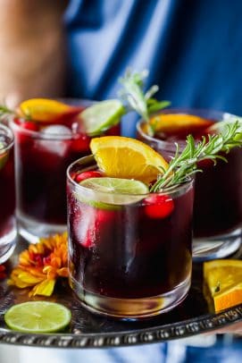 photo of holiday cranberry sangria on a serving tray