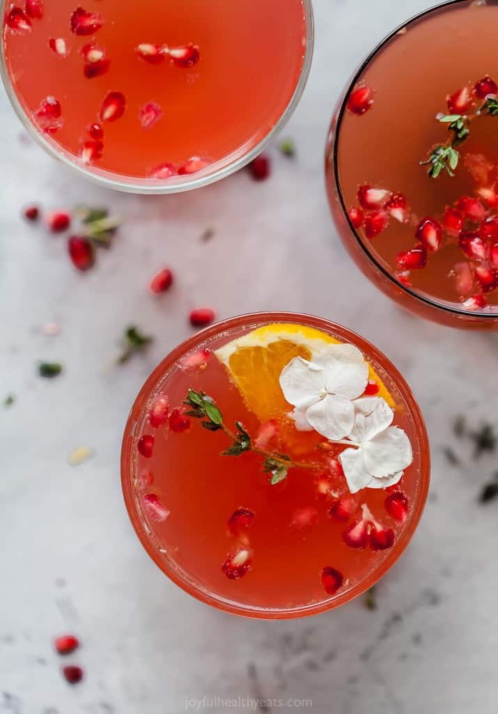 overhead photo of holiday pomegranate gin cocktail
