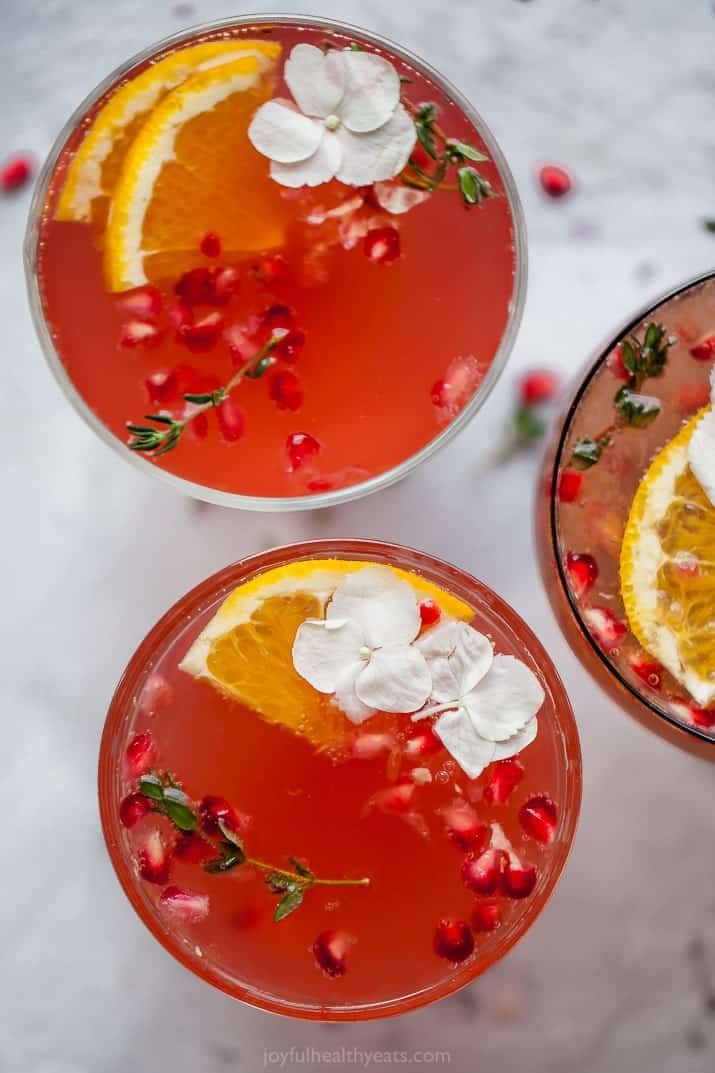 overhead view of holiday pomegranate gin cocktail