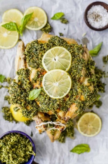 overhead picture of rotisserie chicken with pesto sauce