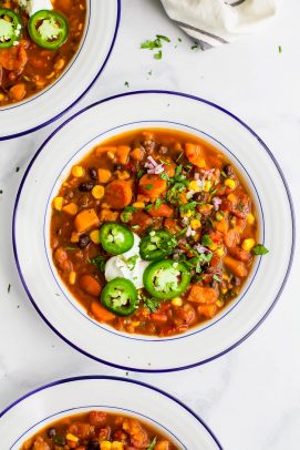 Bowl of Instant Pot Sweet Potato Black Bean Chili