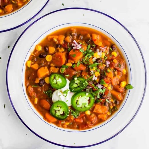 Bowl of Instant Pot Sweet Potato Black Bean Chili