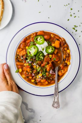 Bowl of Instant Pot Sweet Potato Black Bean Chili