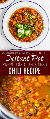 Bowl of Instant Pot Sweet Potato Black Bean Chili with text