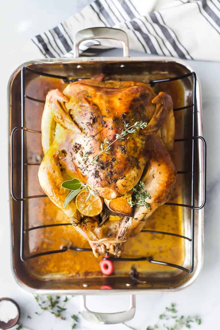 Finished roast turkey in a roasting pan on a marble counter